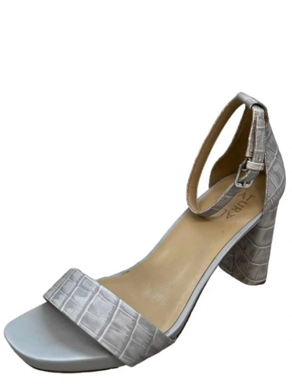Naturalizer Joy Icy Gray Croc Embossed Leather Ankle Strap Block Heels Size 9.5W